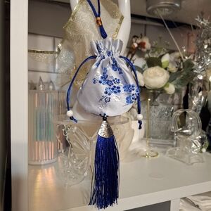 Sky Blue Silky Drawstring Pouch with Tassel Set Of 3 New